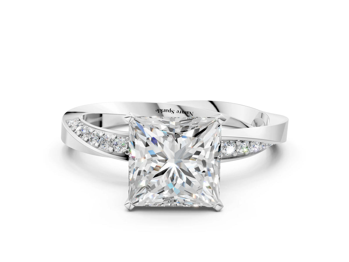 White gold Princess Cut Diamond Engagement Ring with Side Stone Accents and Four-Prong Setting