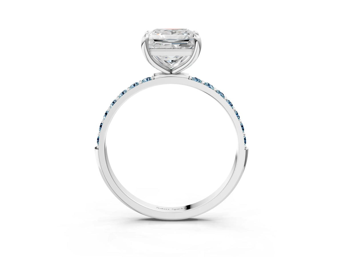 White gold Princess Cut Diamond Solitaire Ring with Round Aquamarine Pavé Band and Prong Setting_3