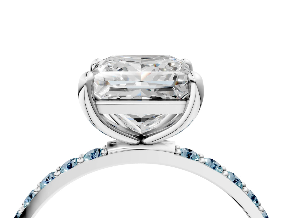 White gold Princess Cut Diamond Solitaire Ring with Round Aquamarine Pavé Band and Prong Setting_4
