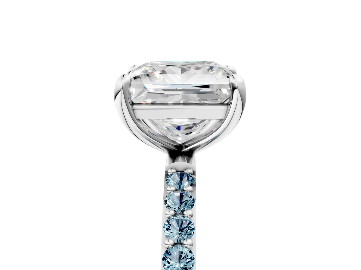 White gold Princess Cut Diamond Solitaire Ring with Round Aquamarine Pavé Band and Prong Setting_5