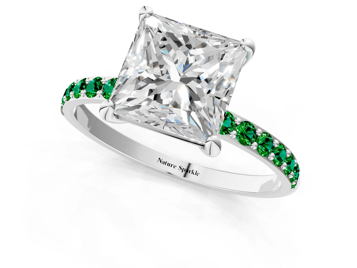 White gold Princess Cut Diamond Solitaire Ring with Round Emerald Pavé Band and Prong Setting_1