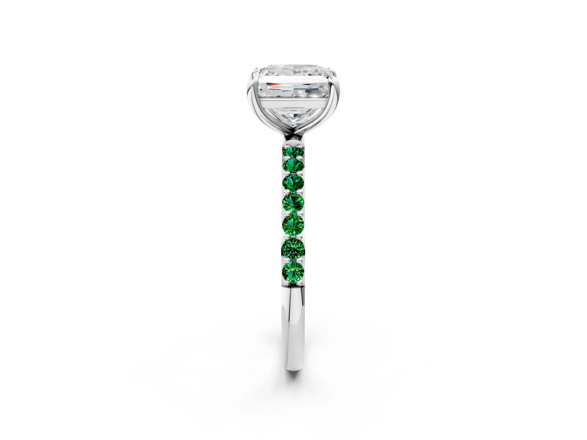White gold Princess Cut Diamond Solitaire Ring with Round Emerald Pavé Band and Prong Setting_2