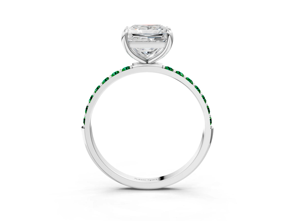 White gold Princess Cut Diamond Solitaire Ring with Round Emerald Pavé Band and Prong Setting_3