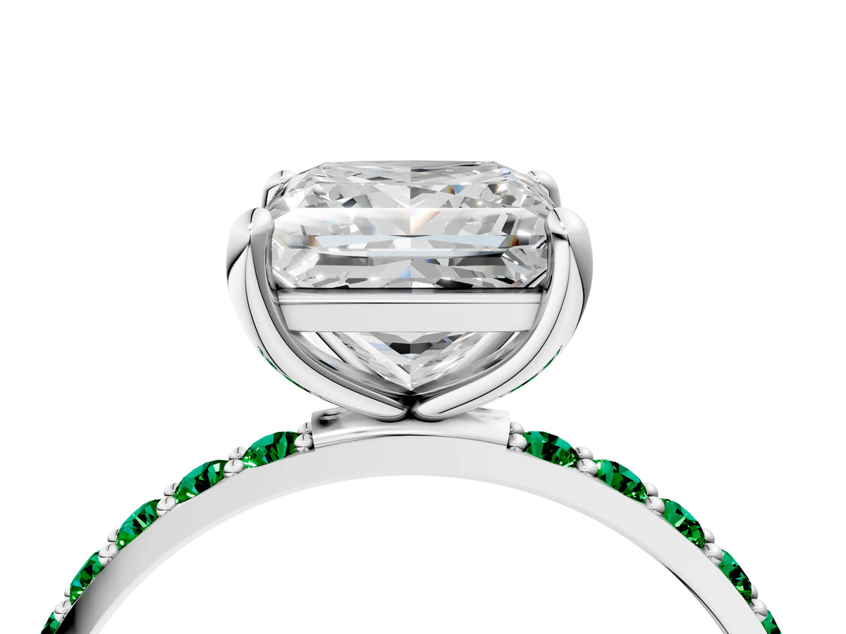 White gold Princess Cut Diamond Solitaire Ring with Round Emerald Pavé Band and Prong Setting_4
