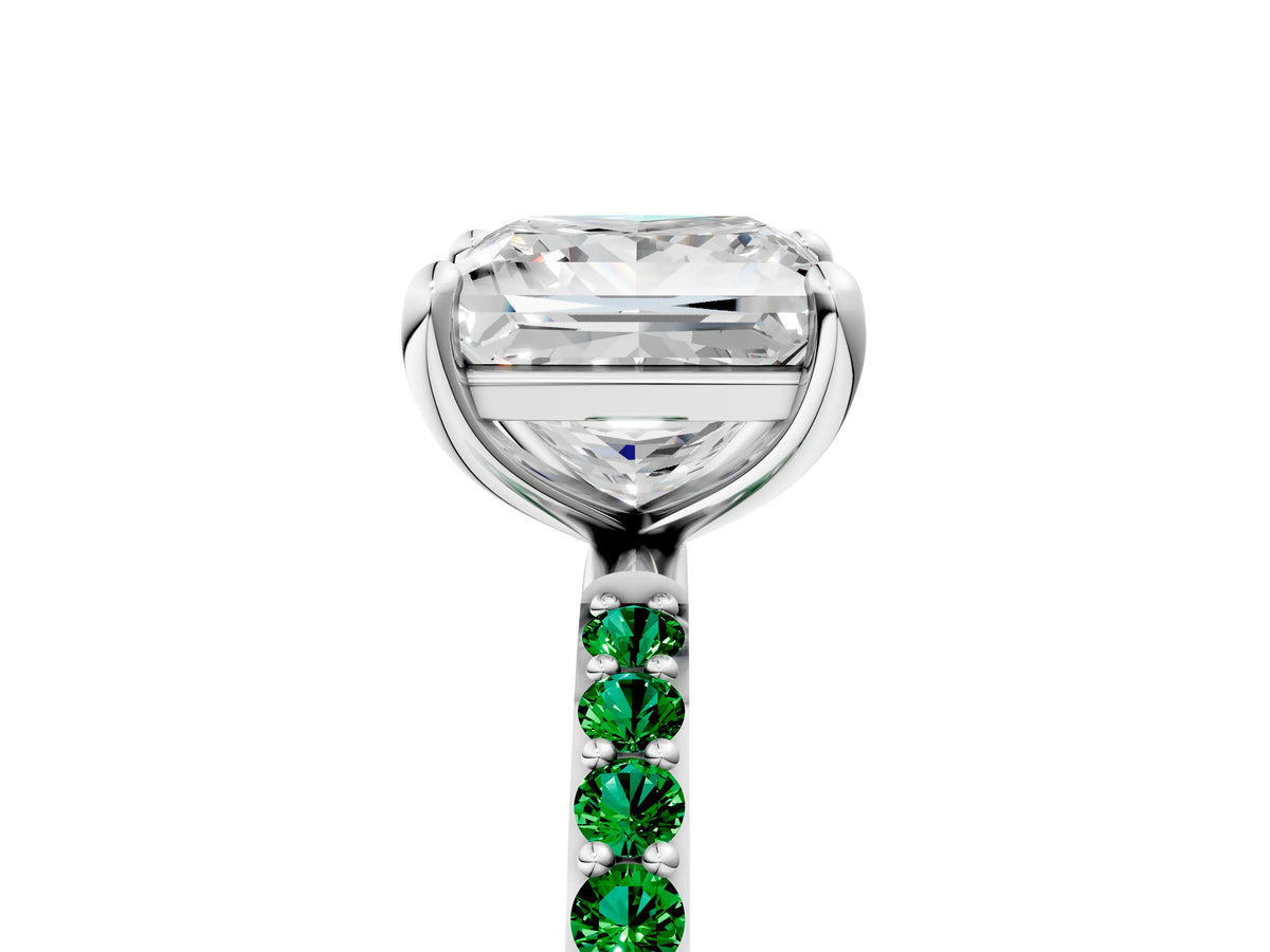 White gold Princess Cut Diamond Solitaire Ring with Round Emerald Pavé Band and Prong Setting_5