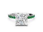 White gold Princess Cut Diamond Solitaire Ring with Round Emerald Pavé Band and Prong Setting