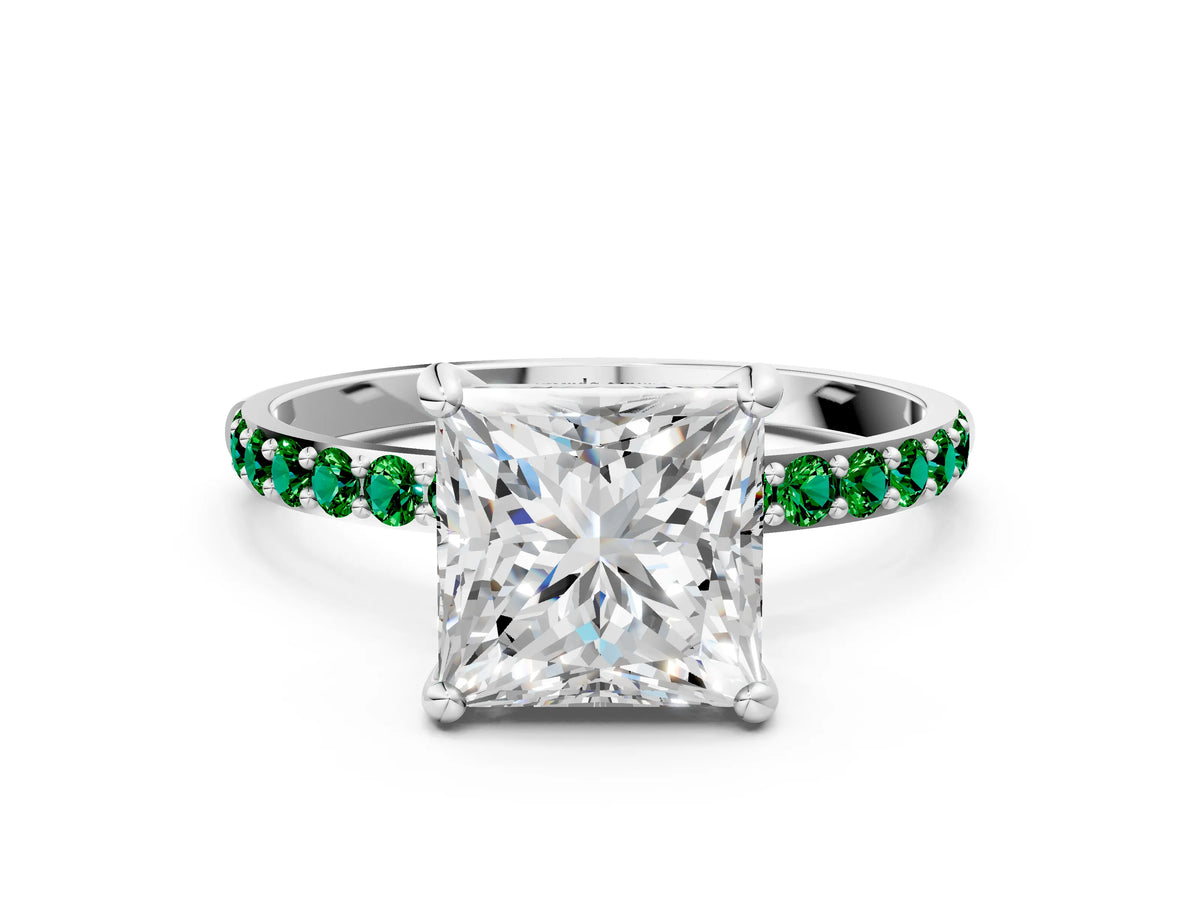 White gold Princess Cut Diamond Solitaire Ring with Round Emerald Pavé Band and Prong Setting