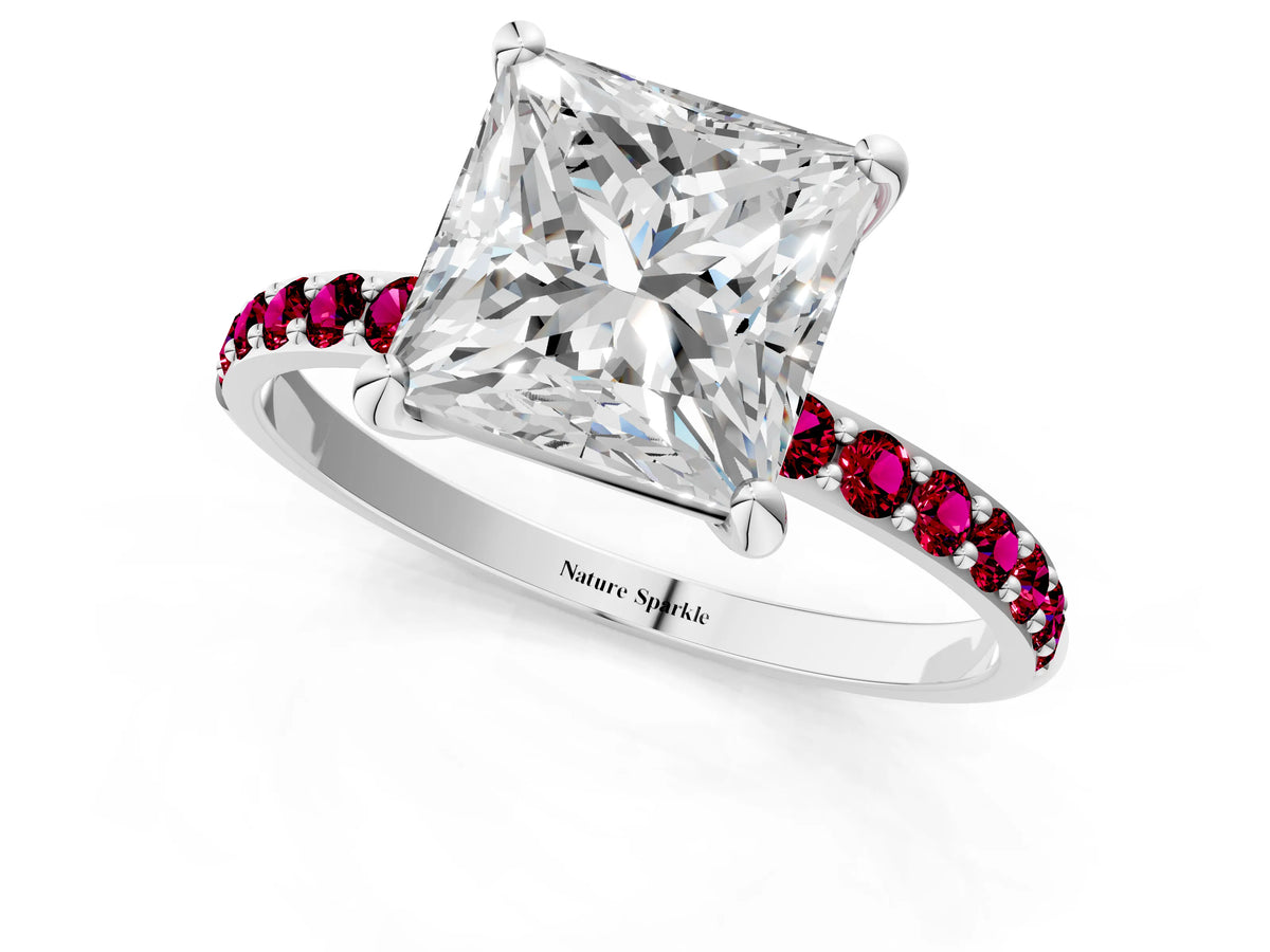 White gold Princess Cut Diamond Solitaire Ring with Round Garnet Pavé Band and Prong Setting_1