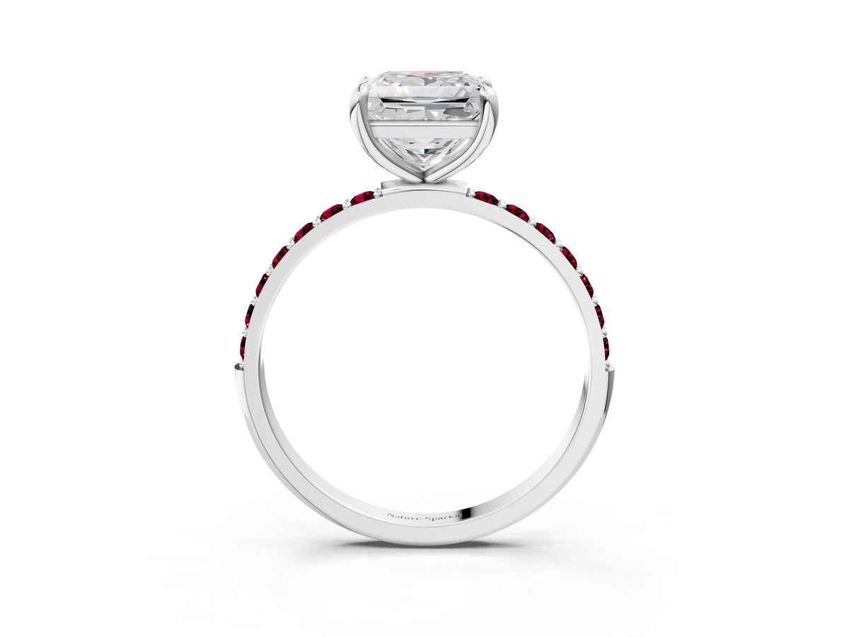 White gold Princess Cut Diamond Solitaire Ring with Round Garnet Pavé Band and Prong Setting_3