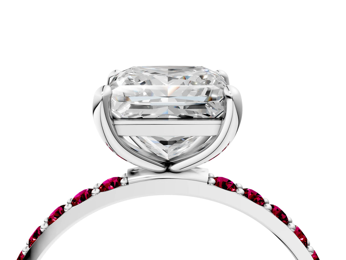 White gold Princess Cut Diamond Solitaire Ring with Round Garnet Pavé Band and Prong Setting_4