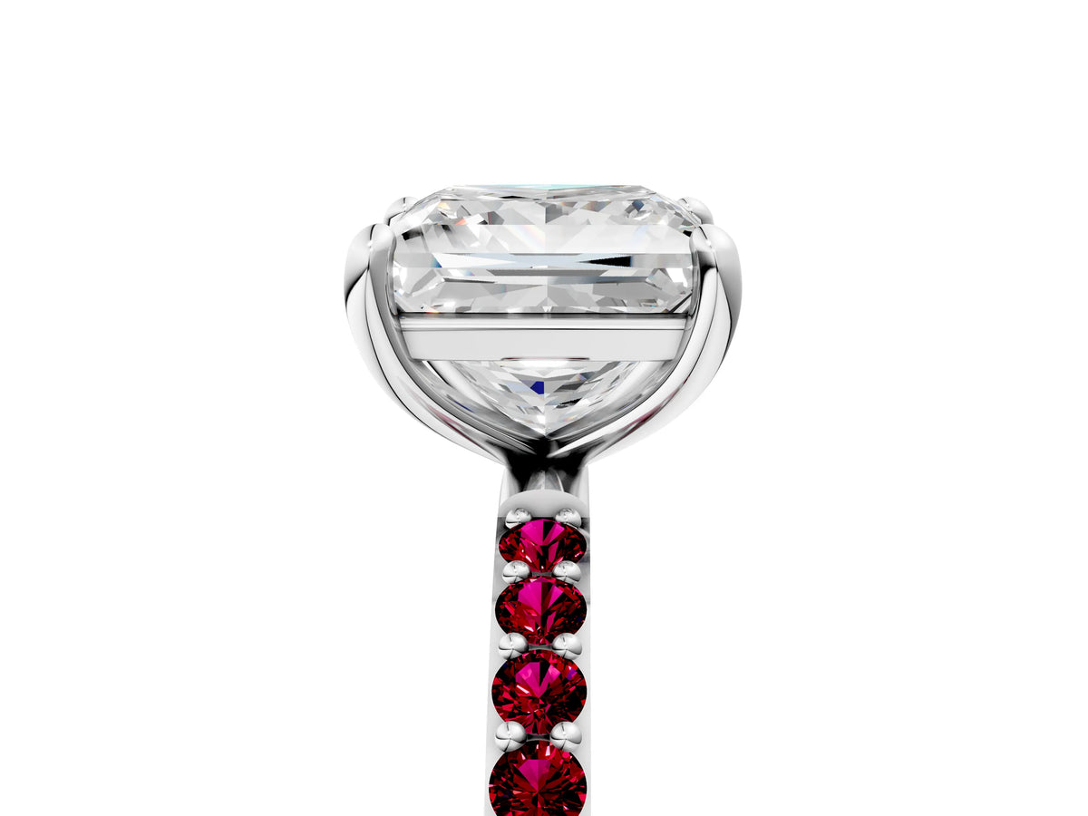 White gold Princess Cut Diamond Solitaire Ring with Round Garnet Pavé Band and Prong Setting_5