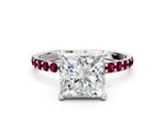 White gold Princess Cut Diamond Solitaire Ring with Round Garnet Pavé Band and Prong Setting