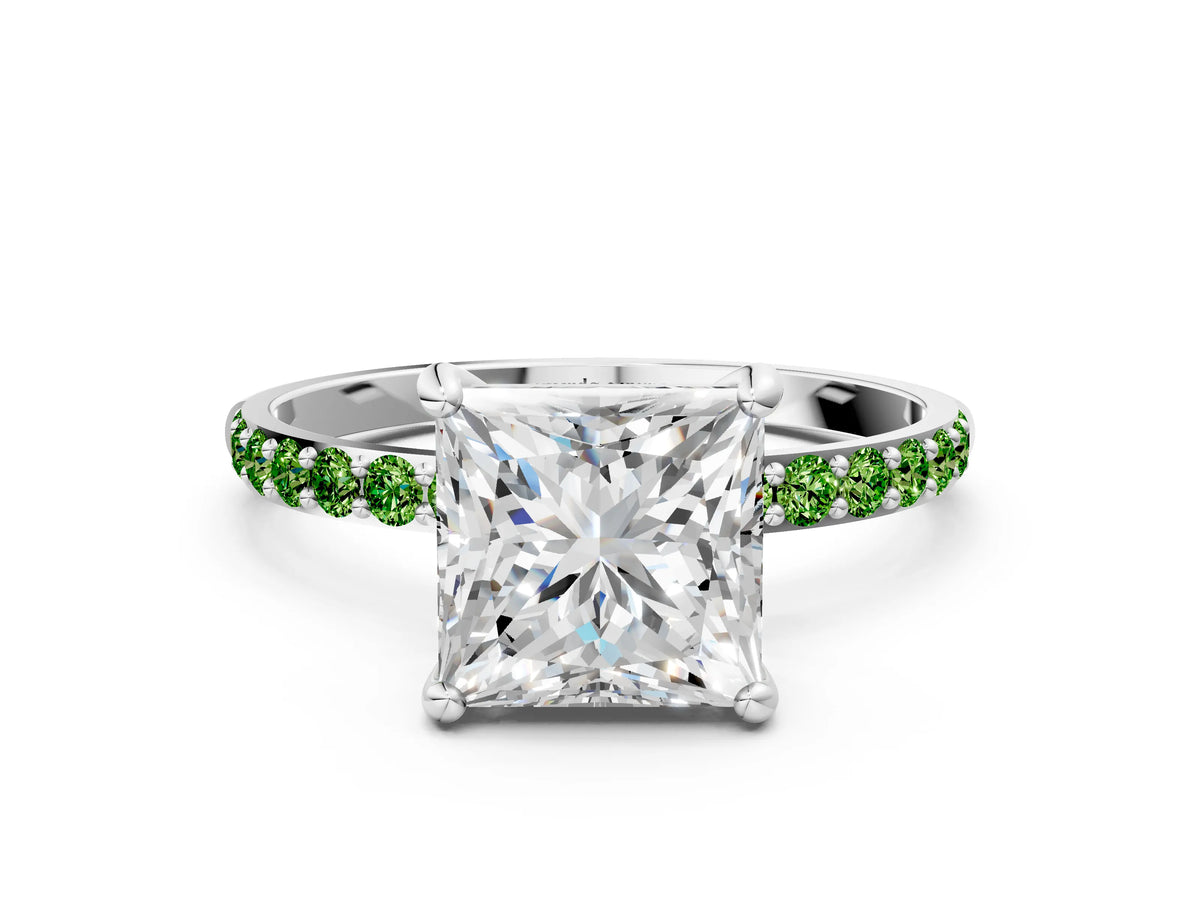 White gold Princess Cut Diamond Solitaire Ring with Round Peridot Pavé Band and Prong Setting