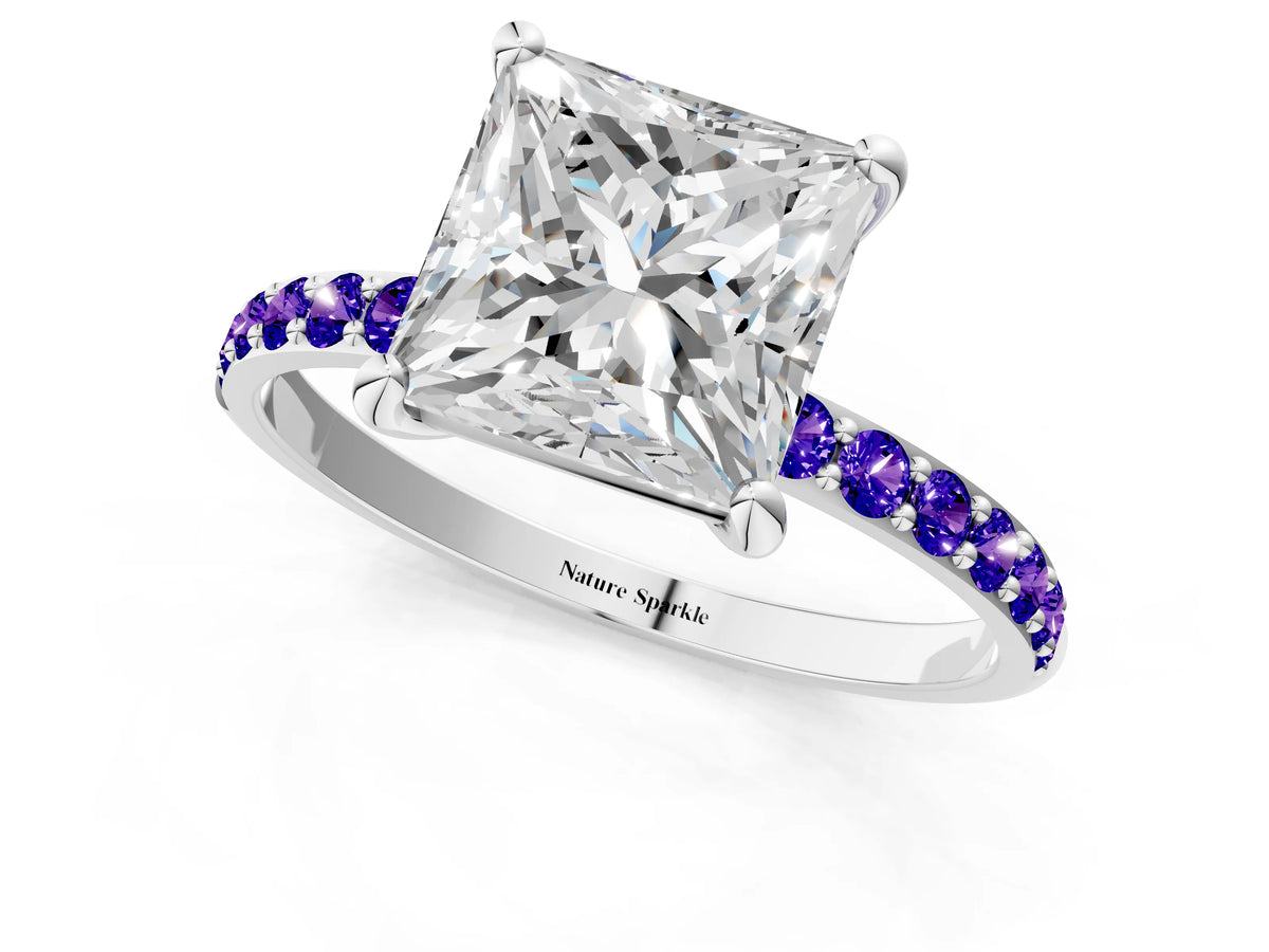 White gold Princess Cut Diamond Solitaire Ring with Round Tanzanite Pavé Band and Prong Setting_1