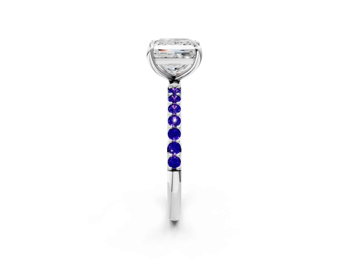 White gold Princess Cut Diamond Solitaire Ring with Round Tanzanite Pavé Band and Prong Setting_2