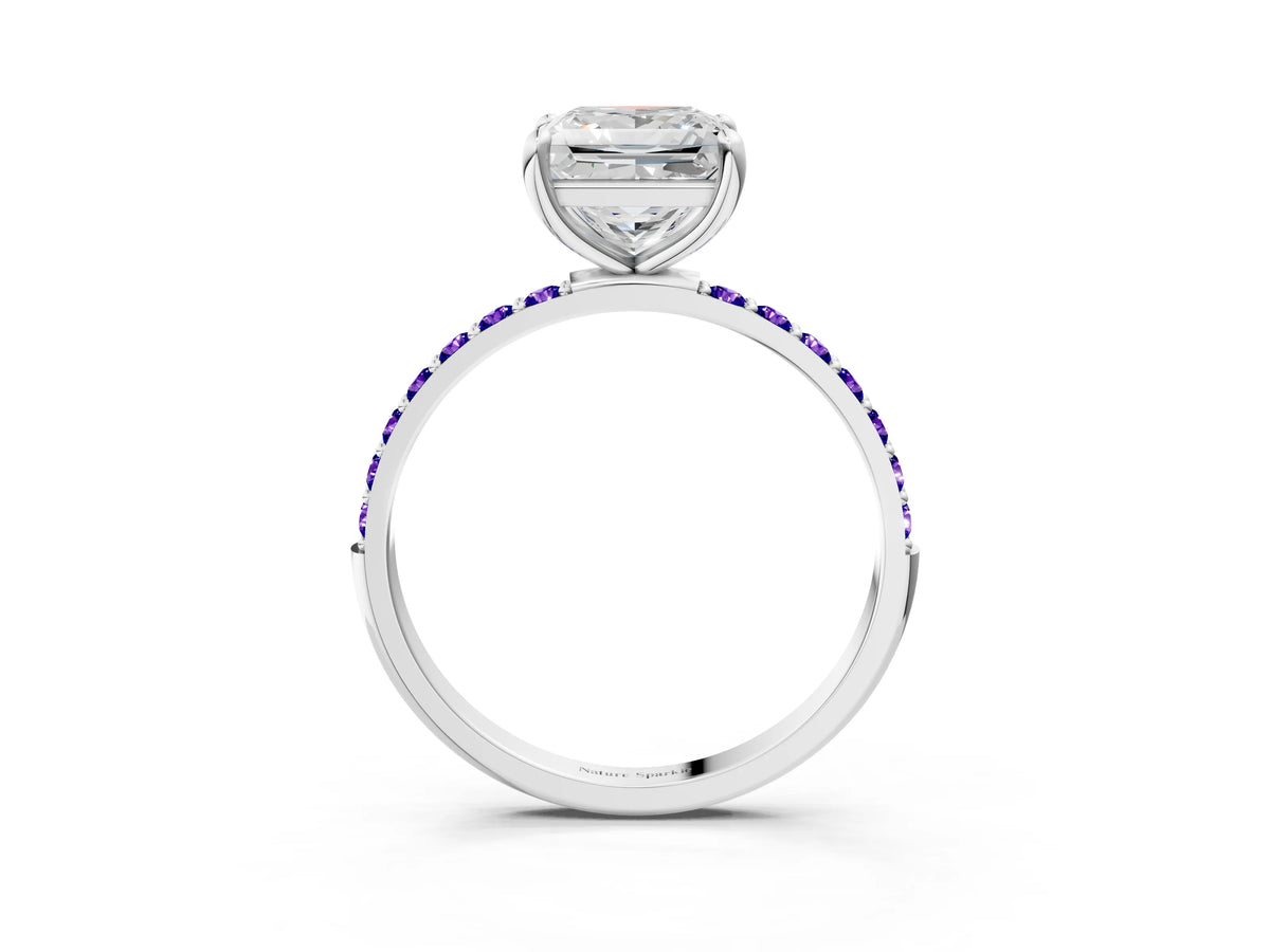 White gold Princess Cut Diamond Solitaire Ring with Round Tanzanite Pavé Band and Prong Setting_3