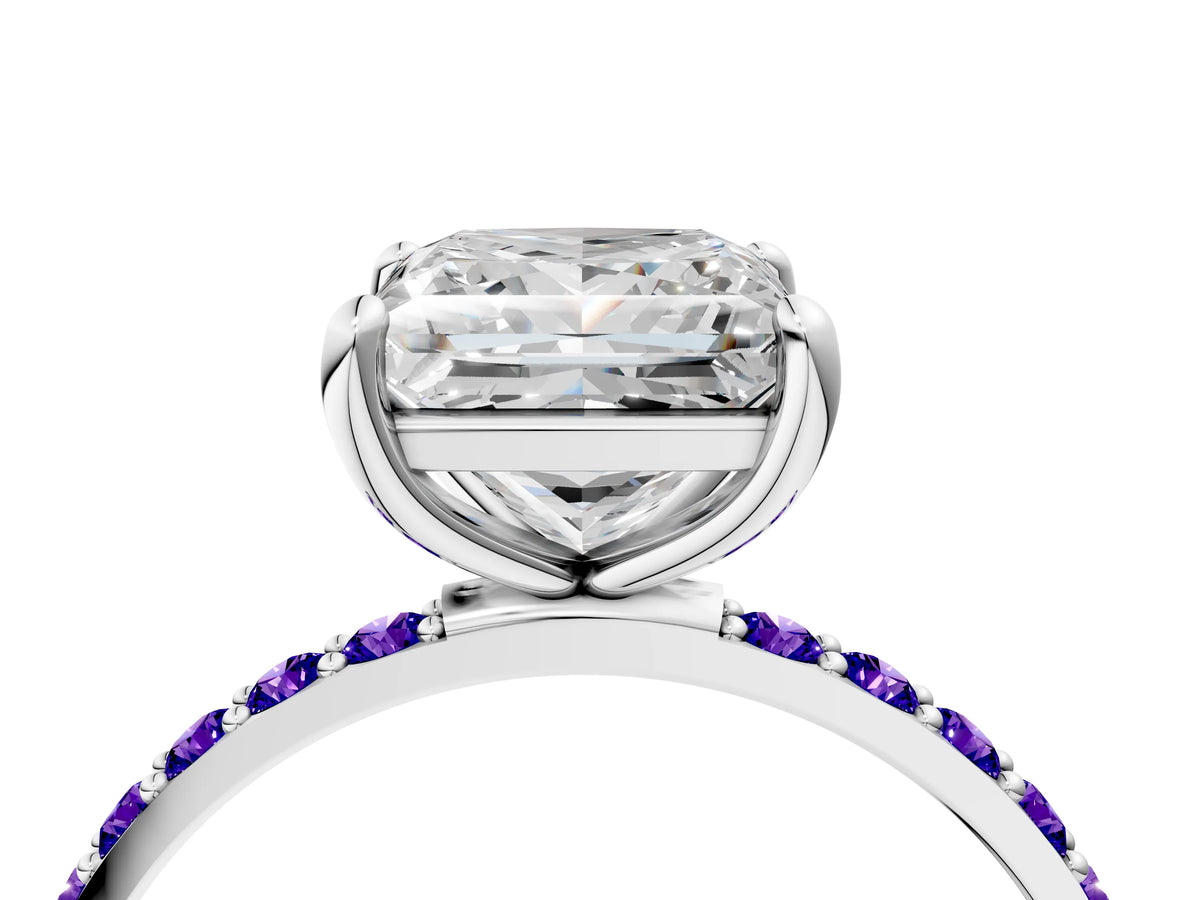 White gold Princess Cut Diamond Solitaire Ring with Round Tanzanite Pavé Band and Prong Setting_4