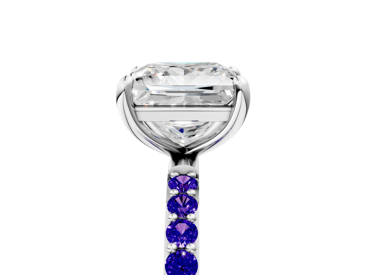 White gold Princess Cut Diamond Solitaire Ring with Round Tanzanite Pavé Band and Prong Setting_5