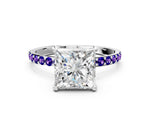 White gold Princess Cut Diamond Solitaire Ring with Round Tanzanite Pavé Band and Prong Setting