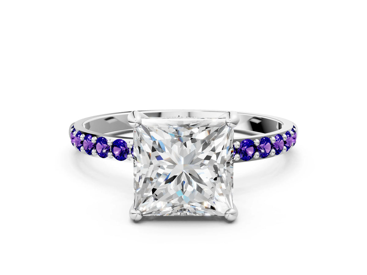 White gold Princess Cut Diamond Solitaire Ring with Round Tanzanite Pavé Band and Prong Setting