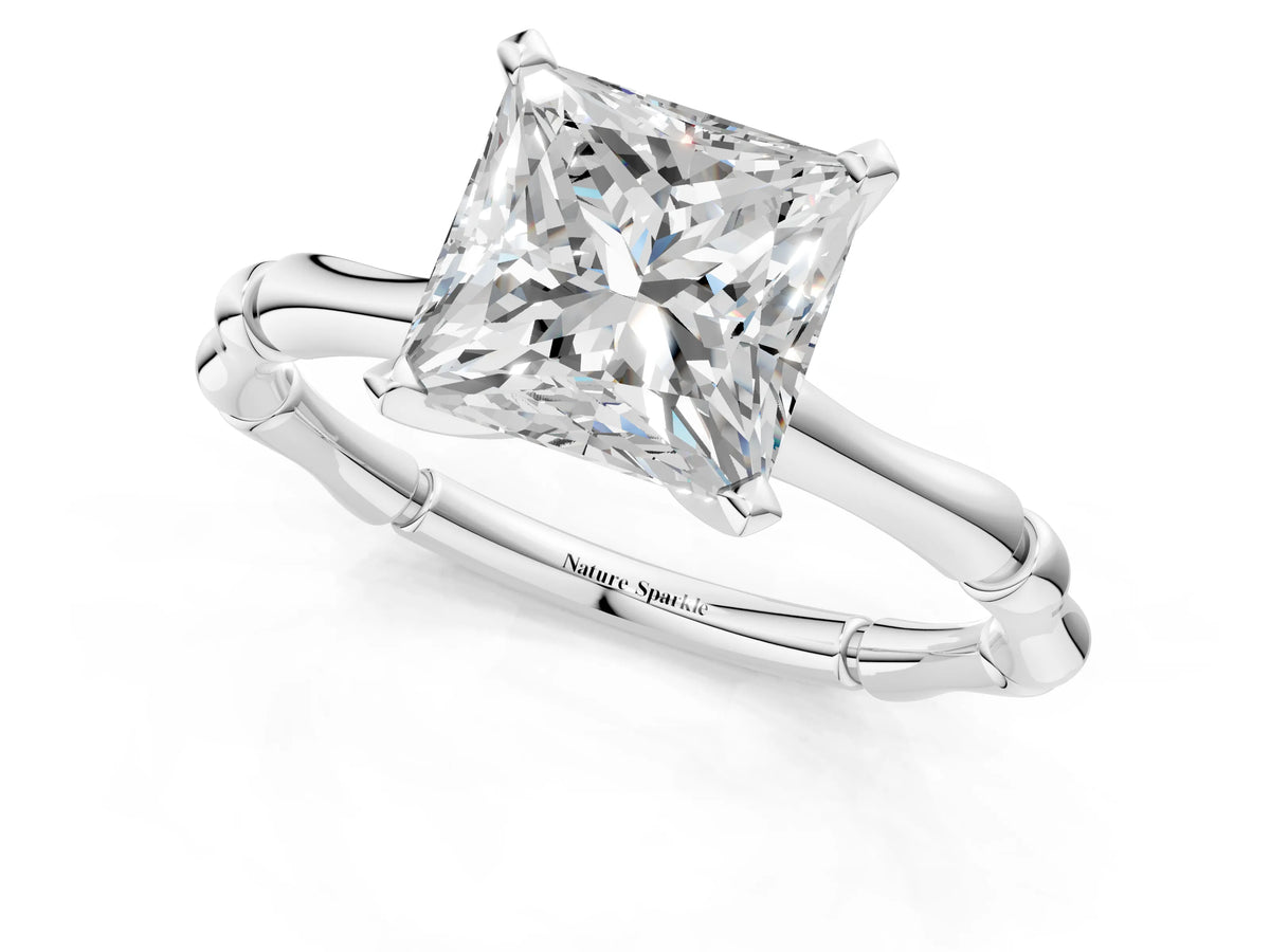 White gold Princess Cut Solitaire Diamond Ring with Bamboo Band and Four-Prong Setting_1