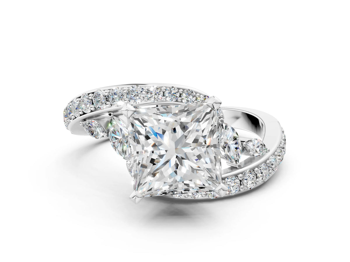 White gold Princess Cut Solitaire with Pavé Twist Band and Four-Prong Setting