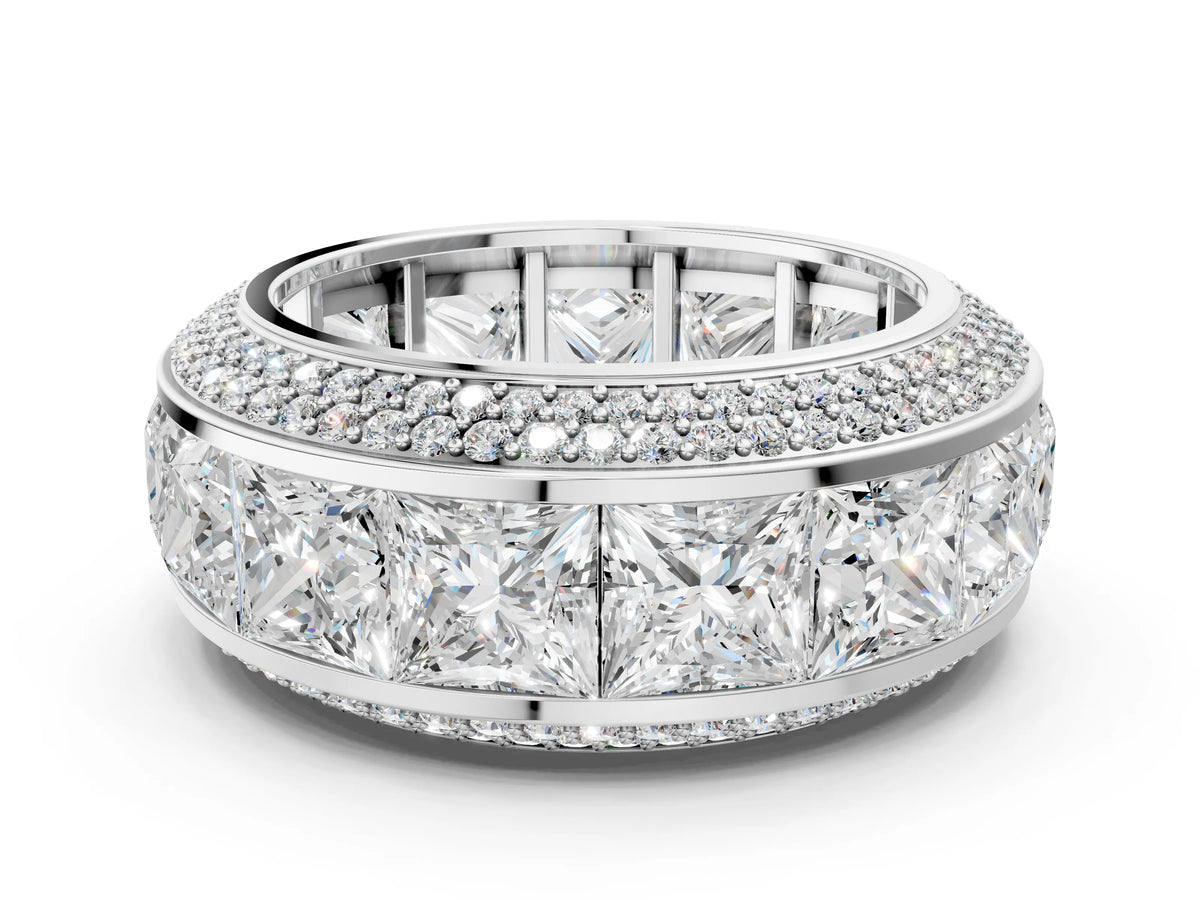 White gold Princess Diamond Pavé Mens Wedding Band with Round Diamond Accents