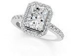 White gold Radiant Cut Cut Diamond Halo Engagement Ring with Milgrain Detail and Pavé Band_1