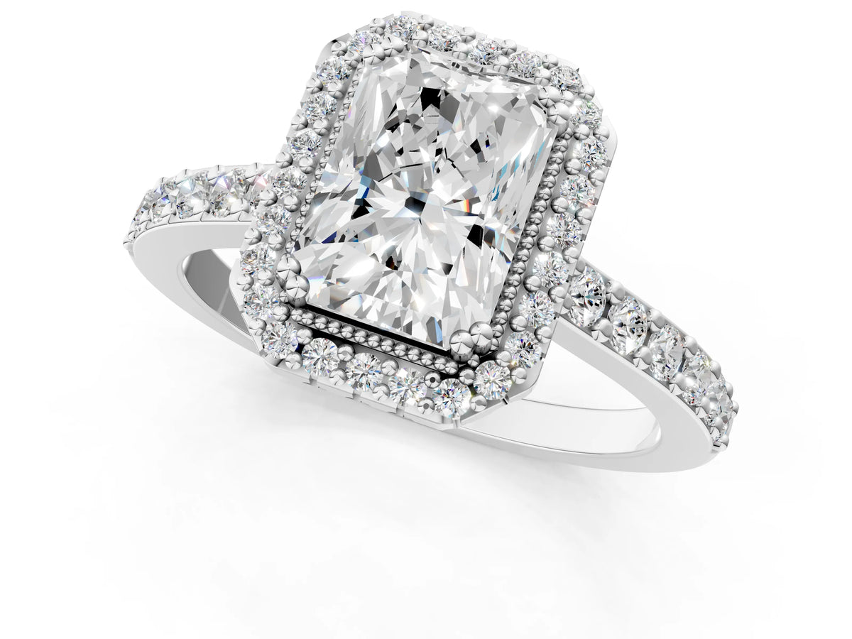 White gold Radiant Cut Cut Diamond Halo Engagement Ring with Milgrain Detail and Pavé Band_1