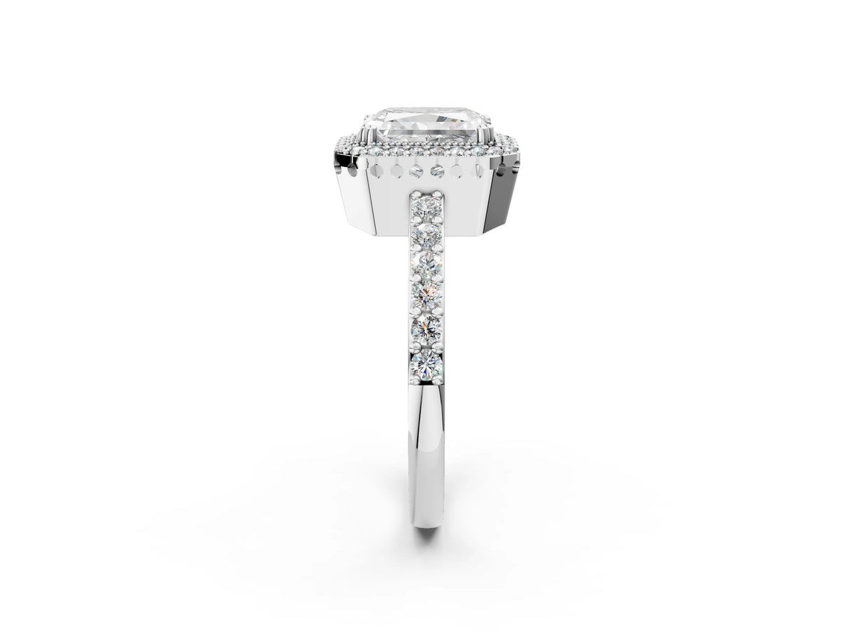 White gold Radiant Cut Cut Diamond Halo Engagement Ring with Milgrain Detail and Pavé Band_2