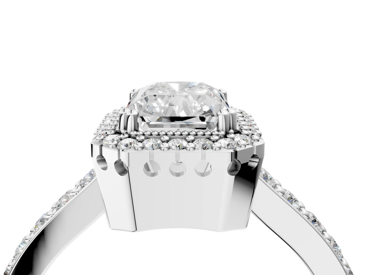 White gold Radiant Cut Cut Diamond Halo Engagement Ring with Milgrain Detail and Pavé Band_4