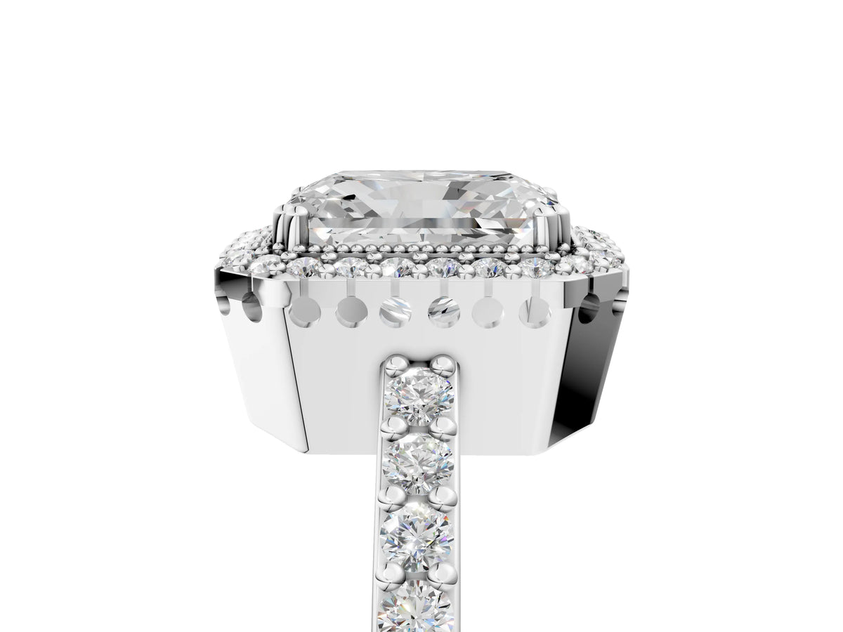 White gold Radiant Cut Cut Diamond Halo Engagement Ring with Milgrain Detail and Pavé Band_5