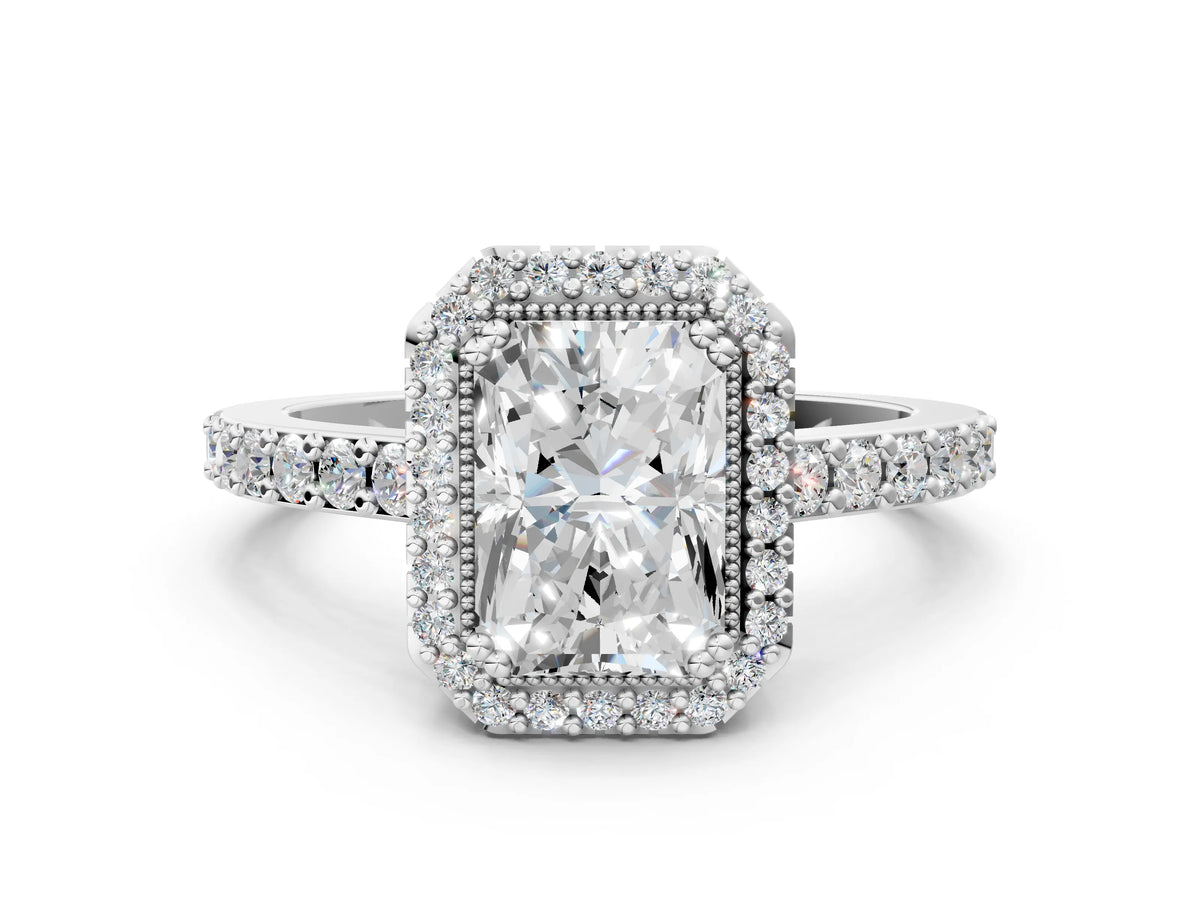 White gold Radiant Cut Cut Diamond Halo Engagement Ring with Milgrain Detail and Pavé Band