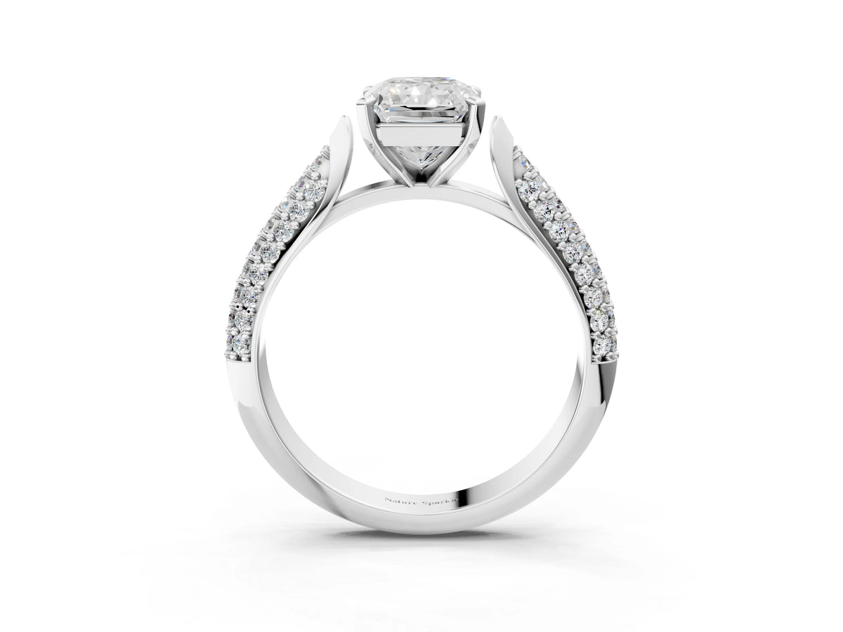 White gold Radiant Cut Diamond Solitaire Engagement Ring with Multi-Row Round Pavé Band and Prong Setting_3