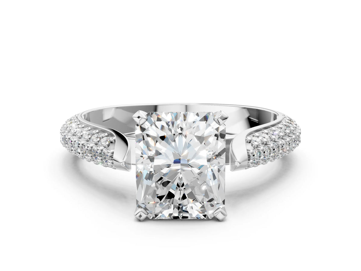 White gold Radiant Cut Diamond Solitaire Engagement Ring with Multi-Row Round Pavé Band and Prong Setting