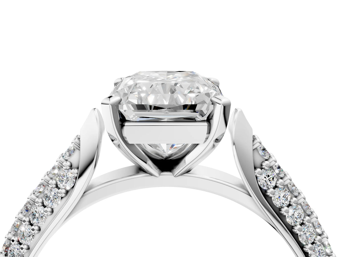 White gold Radiant Cut Diamond Solitaire Engagement Ring with Multi-Row Round Pavé Band and Prong Setting_4