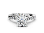 White gold Radiant Cut Diamond Solitaire Ring with Crossover Gallery and Round Pavé Band