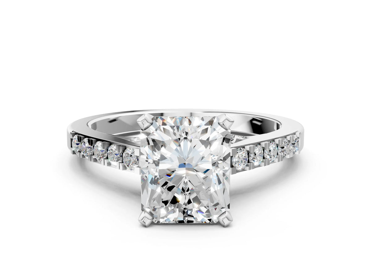 White gold Radiant Cut Diamond Solitaire Ring with Crossover Gallery and Round Pavé Band