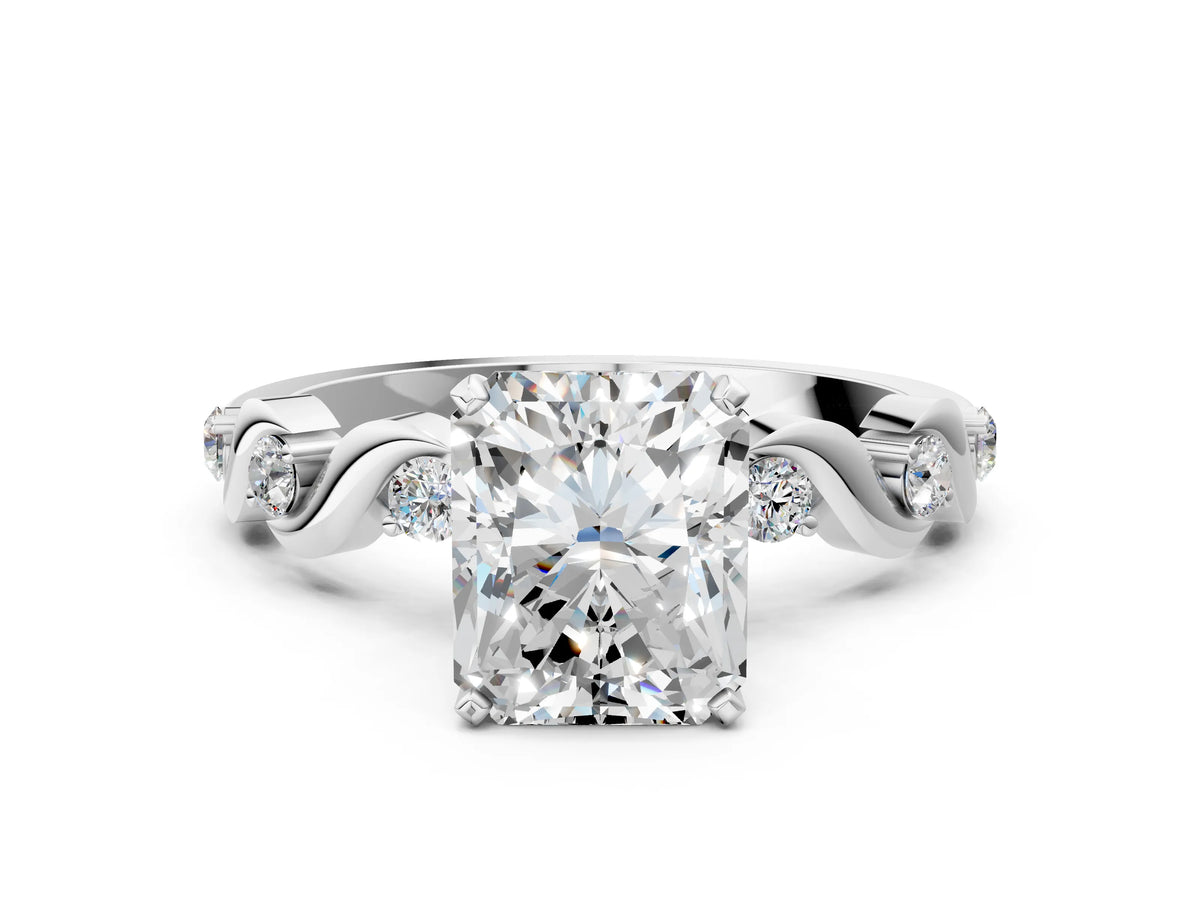 White gold Radiant Cut Diamond Solitaire Twisted Band with Round Accents and Prong Setting
