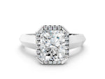 White gold Radiant Cut Halo Diamond Ring with Cathedral Band and Four-Prong Setting