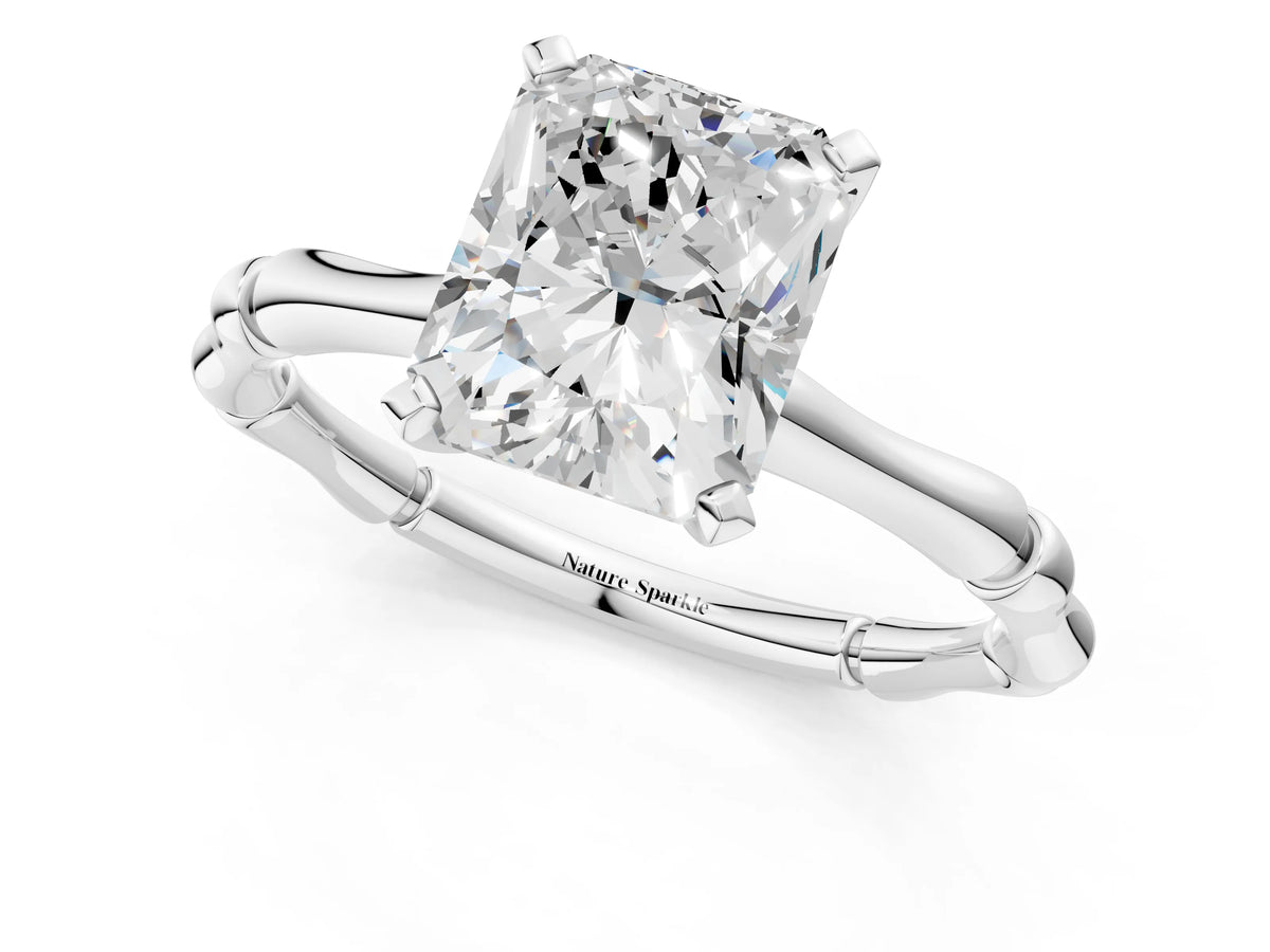 White gold Radiant Cut Solitaire Diamond Ring with Bamboo Band and Four-Prong Setting_1