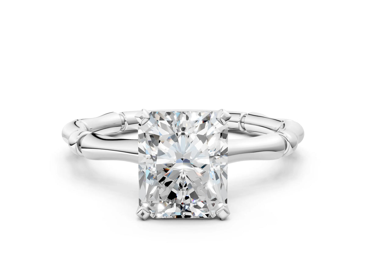 White gold Radiant Cut Solitaire Diamond Ring with Bamboo Band and Four-Prong Setting