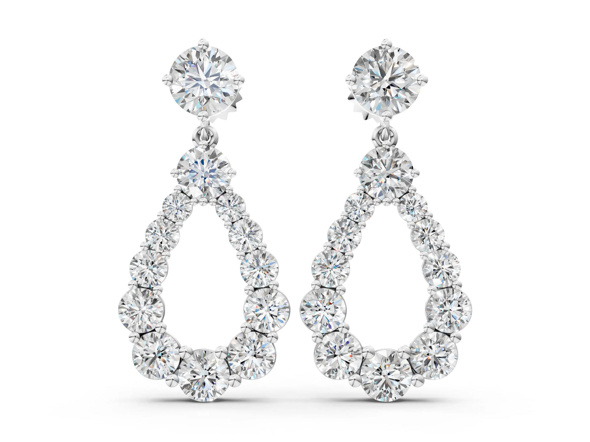White gold Round Cut Diamond Graduated Shared Prong Drop Earrings