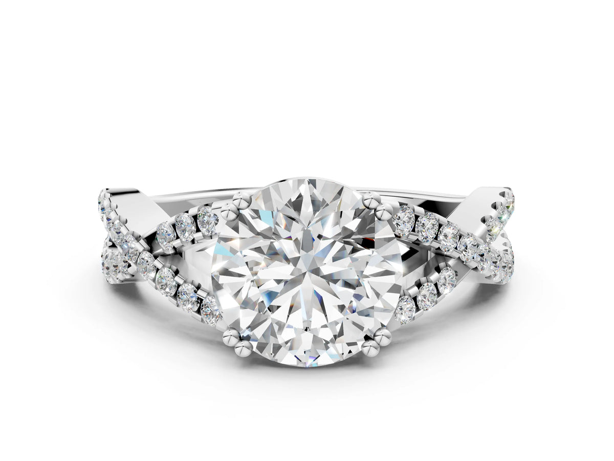 White gold Round Cut Diamond Solitaire Ring with Four-Prong Setting and Twisted Pavé Band