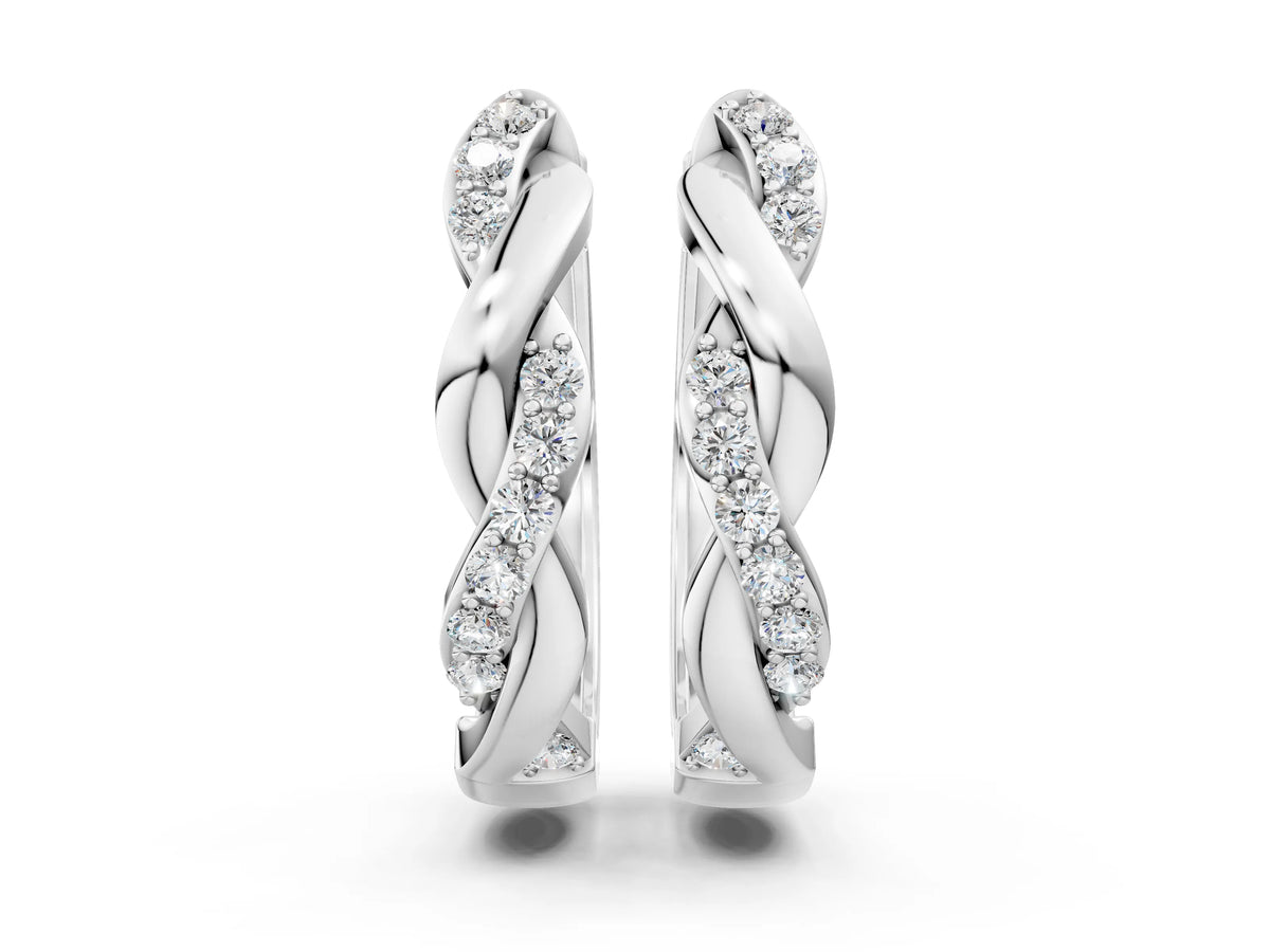 White gold Round Cut Diamond Twisted Pavé Hoop Earrings