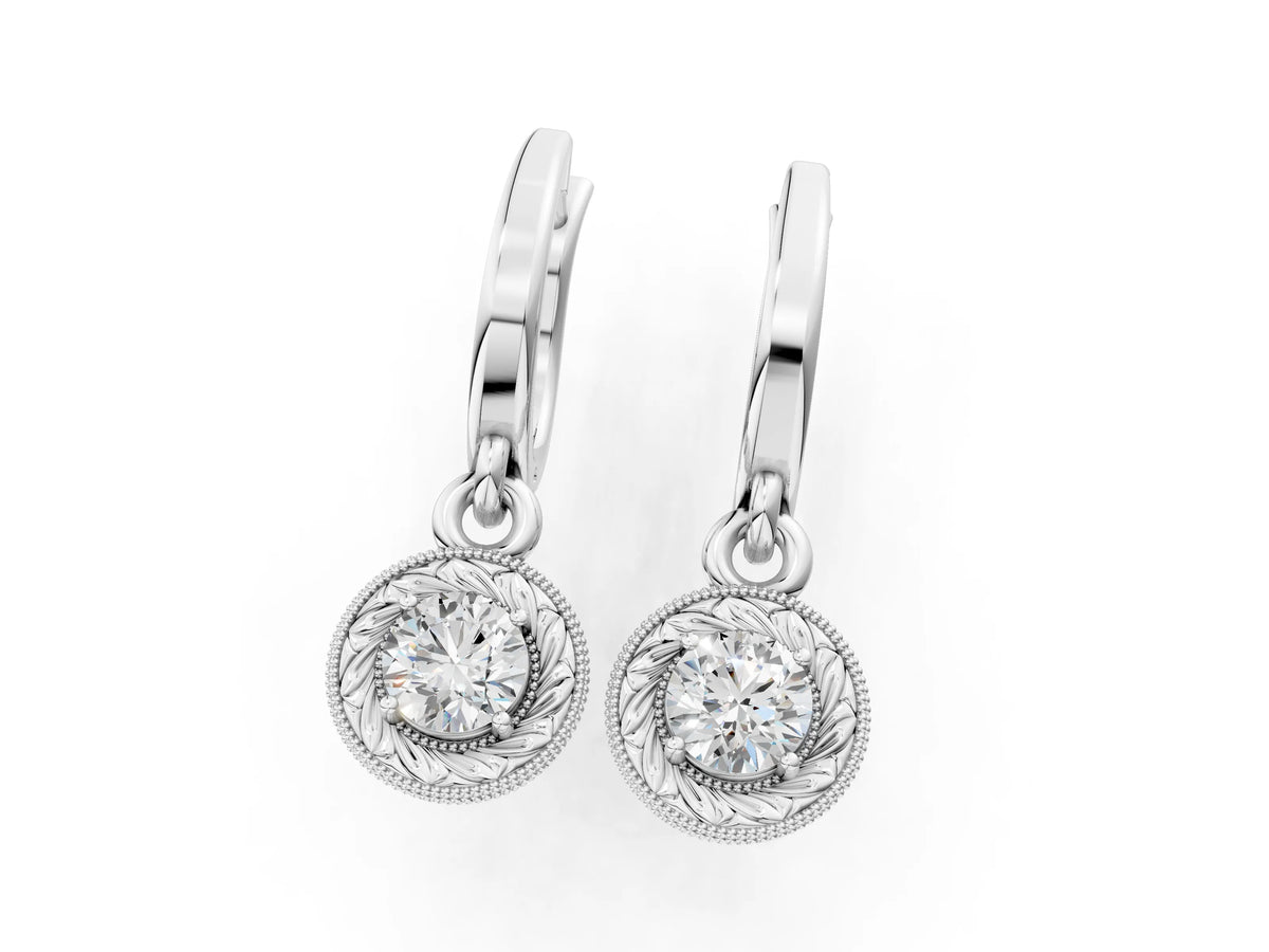 White gold Round Cut Milgrain Bezel Set Leverback Earrings_1