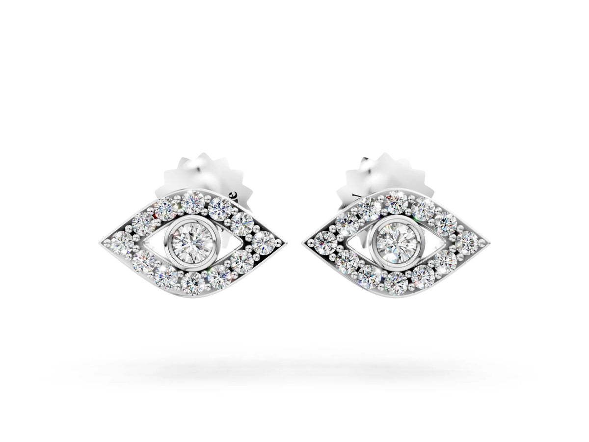 White gold Round Diamond Bezel Center Evil Eye Stud Earrings