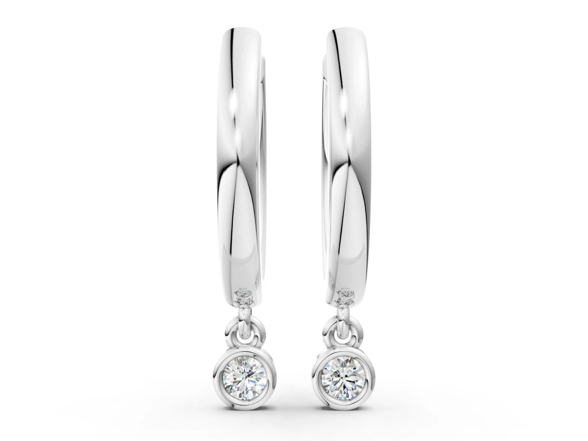 White gold Round Diamond Bezel Drop Huggie Hoop Earrings