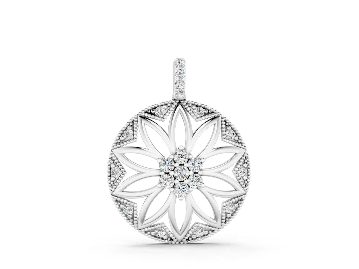 White gold Round Diamond Cluster Flower Pendant