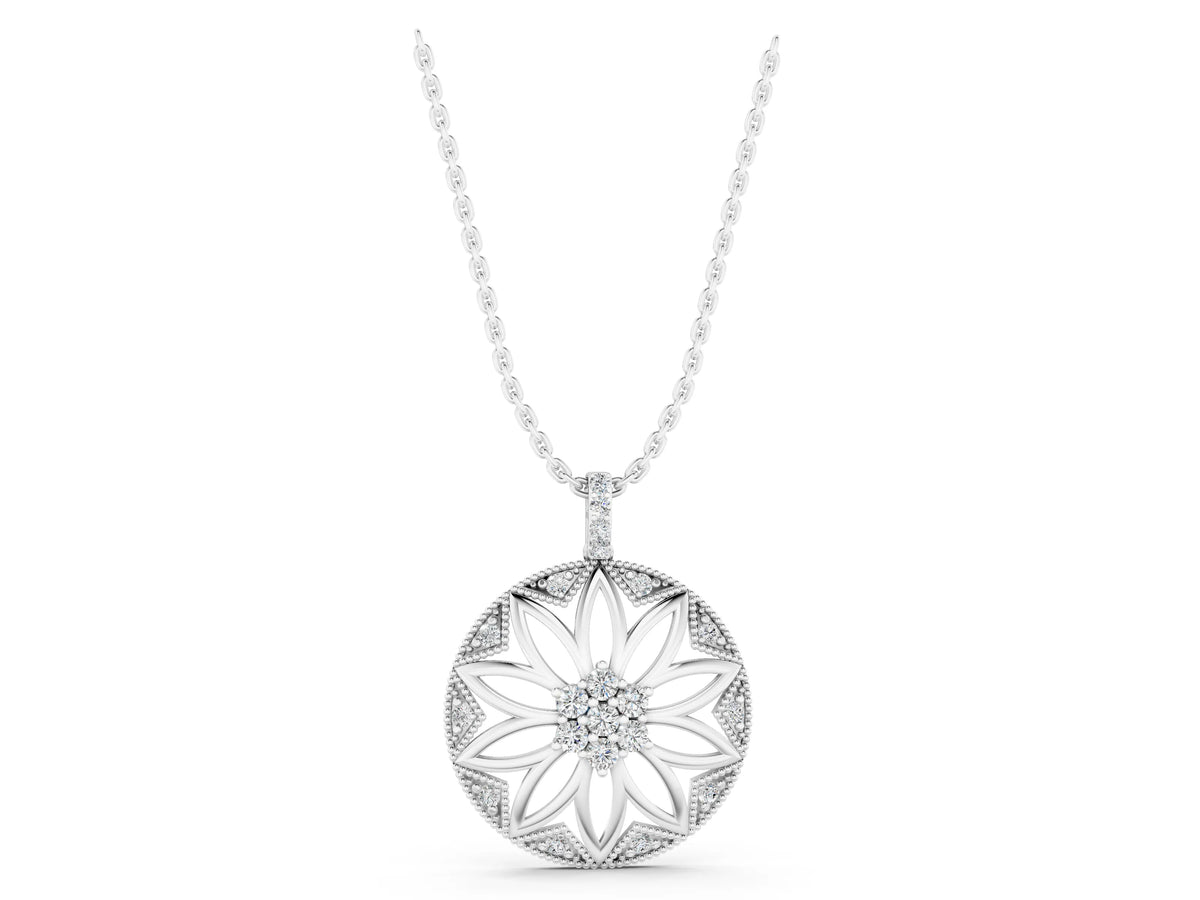 White gold Round Diamond Cluster Flower Pendant_1